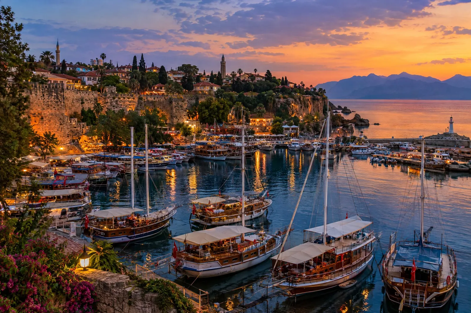 Antalya's old harbour at sunset, with boats and the Taurus mountains