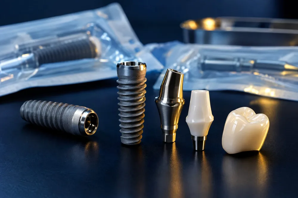 Dental implant components: implant, abutment and crown